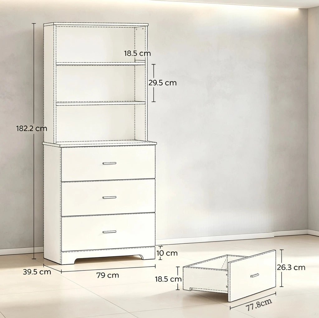 Libreria bianca con 3 ripiani aperti e 3 cassetti; 79 x 39;5 x 182;2 cm
