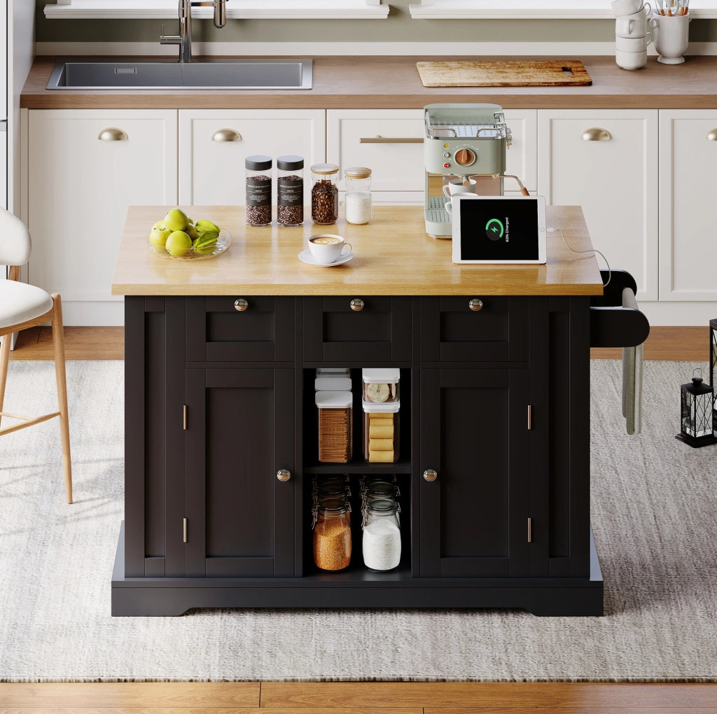Isola cucina mobile con piano estensibile, prese USB e ruote