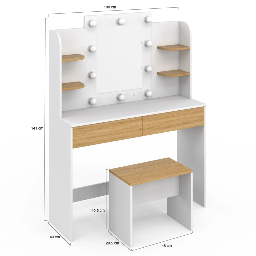 IDMarket - Tocador ZELIA blanco y haya con 4 estantes, espejo LED y taburete