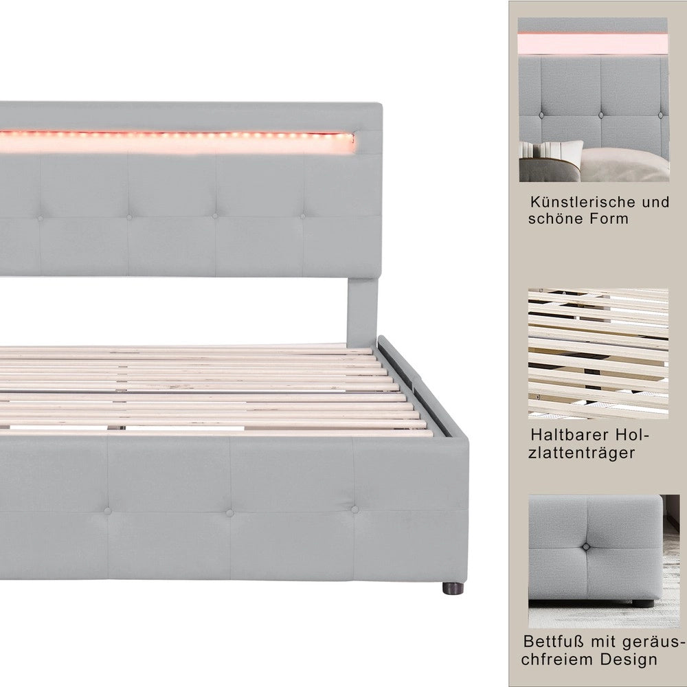 Letto Imbottito con LED, Cassetti e Contenitore ¨C MINIMAL ¨C Grigio 140x200