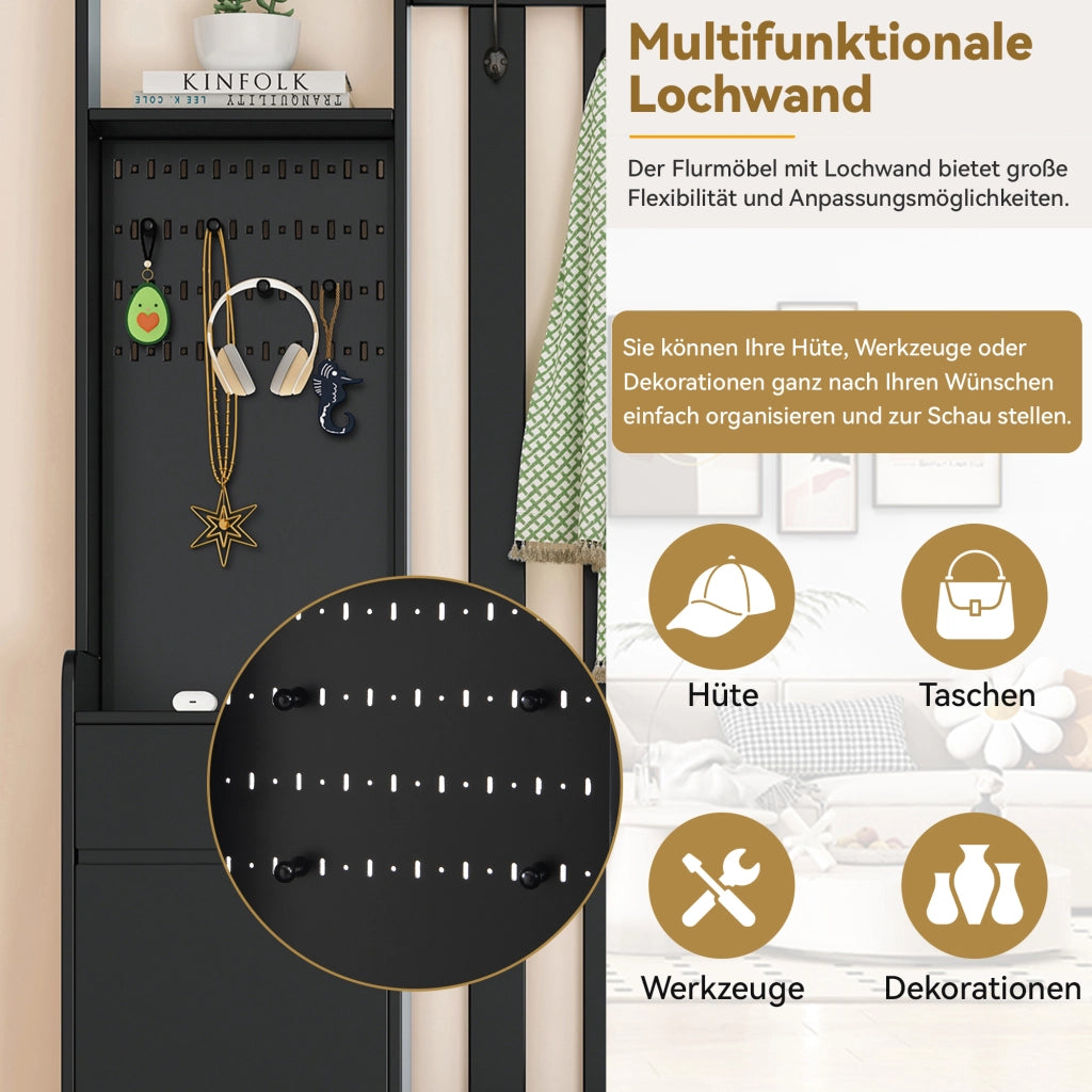 Mobile d'Ingresso con Panca Imbottita; Pannello Forato; 4 Ganci e 1 Cassetto; Stile Moderno; in MDF; 100??35??180 cm; Nero
