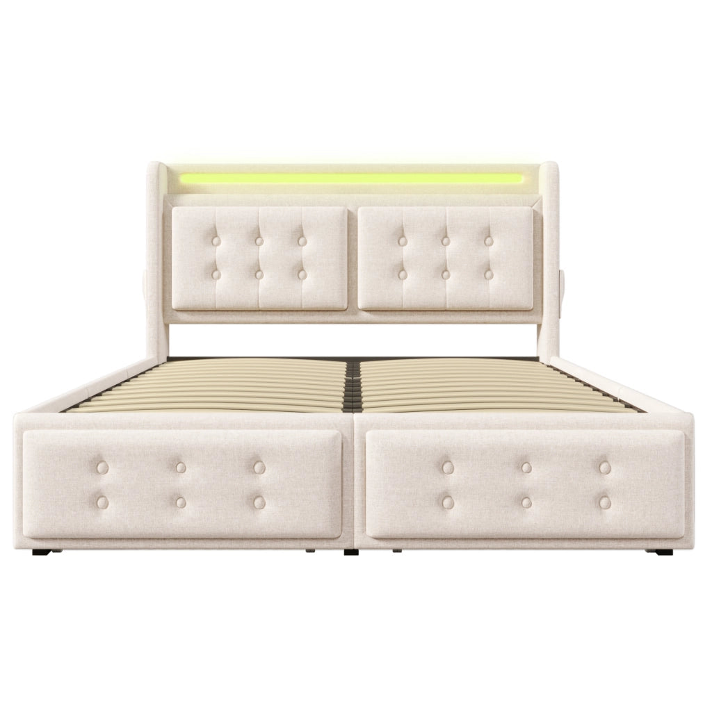 Letto 180x200 cm con LED, prese USB e USB-C, 4 cassetti in cotone-lino beige