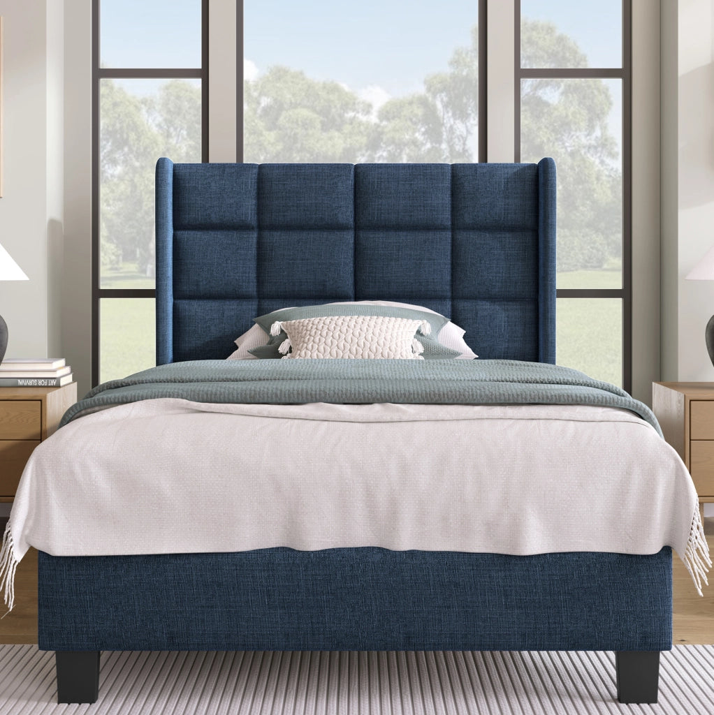 Letto singolo 90x200 cm con testiera imbottita e rete a doghe; lino blu