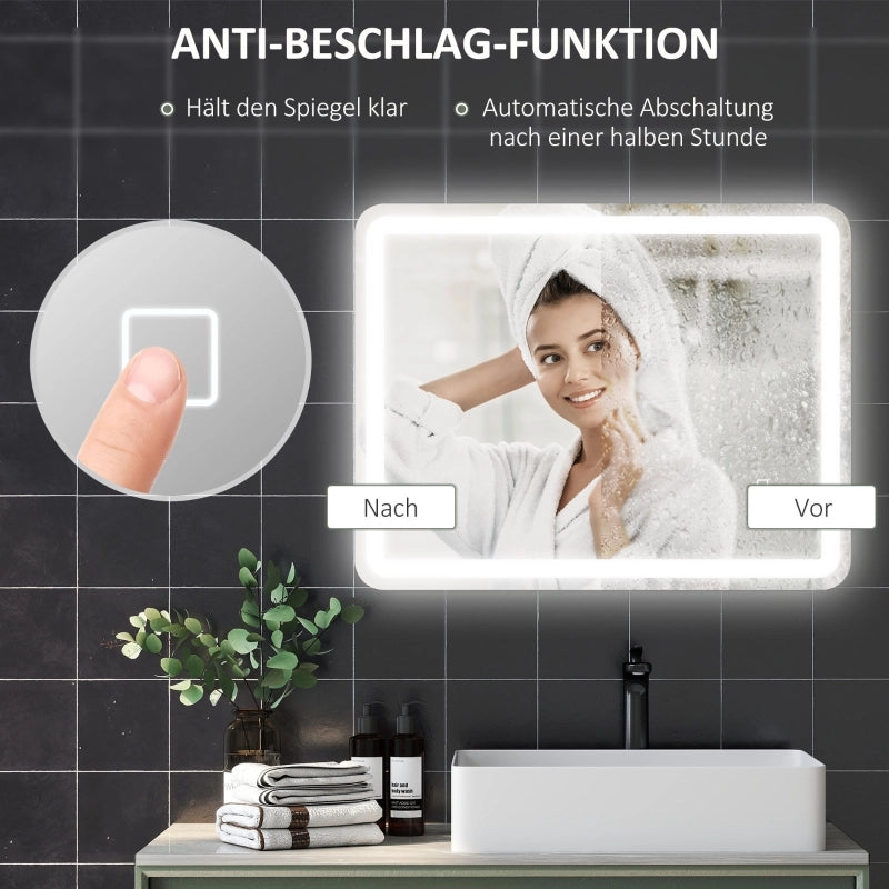 Specchio da bagno illuminato, con comandi touch, antiappannamento, dimmerabile, 3 colori di luce, 70x90, argento