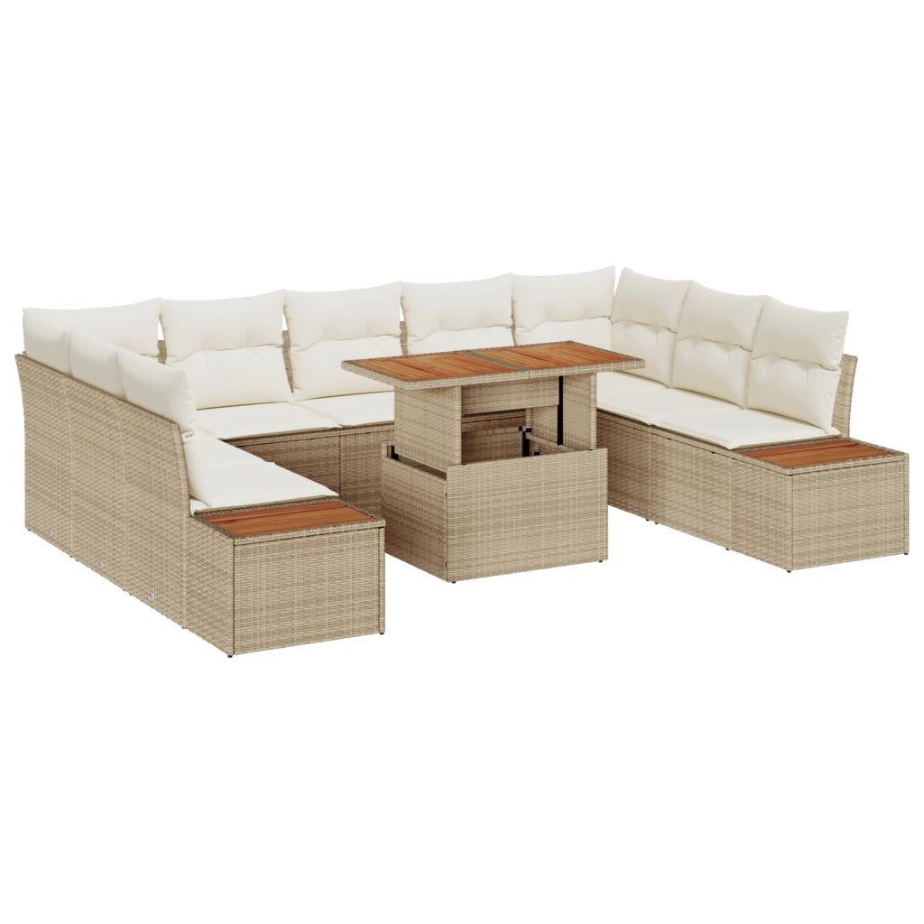 Set da pranzo da giardino di 10 pezzi con cuscini Beige in rattan sintetico e acacia
