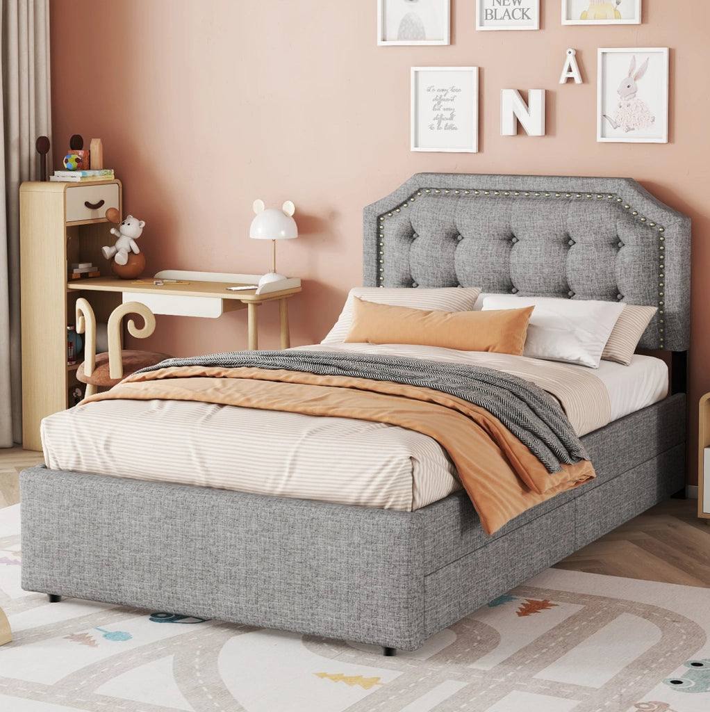 Letto singolo imbottito 90x200 cm grigio con 2 cassetti