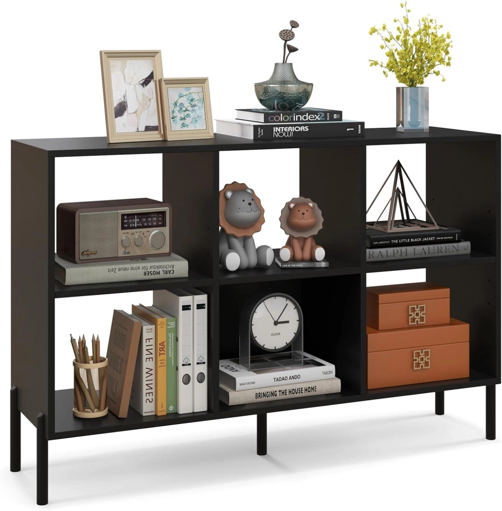 Scaffale a 6 Cubi, Libreria Aperta in Legno con Gambe Metalliche, Ripiani Regolabili in 5 Posizioni, Dispositivo Antiribaltamento, Scaffale per Casa e Ufficio, 120 x 35 x 79,5 cm (Nero)