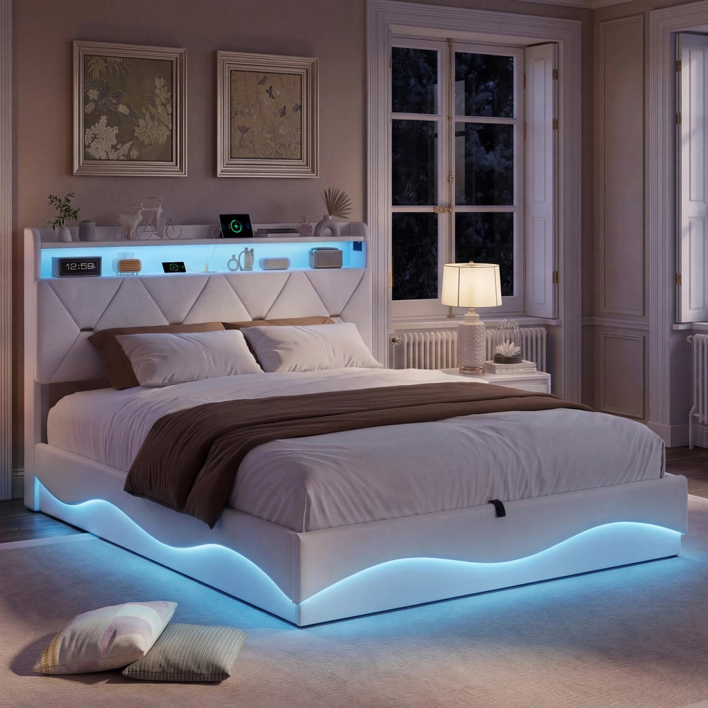 Letto una piazza e mezza 140x200 cm con contenitore LED USB Type-C testiera rete a doghe tessuto - beige