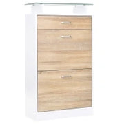 Scarpiera con 2 Ante Ribaltabili, 2 Compartimenti per Ripiano, Cassetto, Piatto in Vetro, Legno Rovere e Bianco