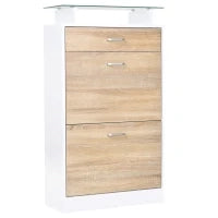 Scarpiera con 2 Ante Ribaltabili, 2 Compartimenti per Ripiano, Cassetto, Piatto in Vetro, Legno Rovere e Bianco