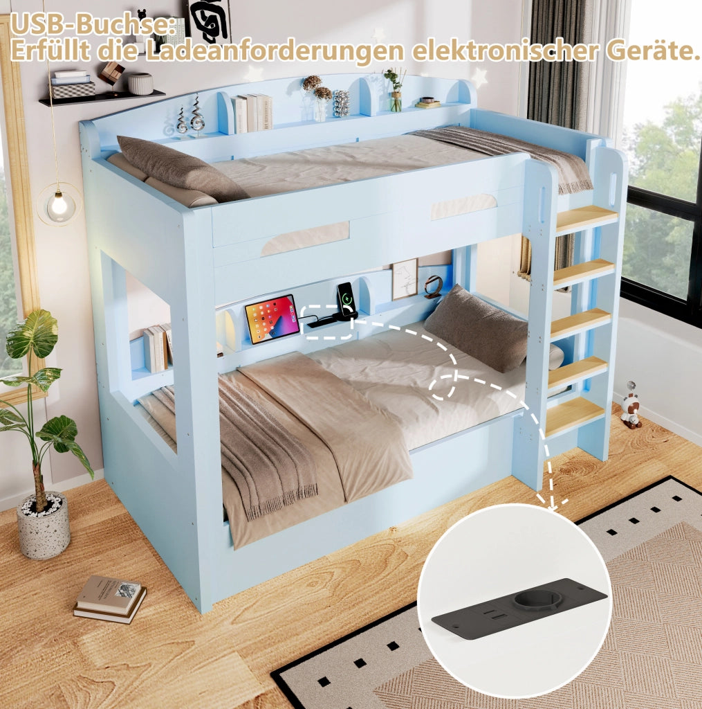 Letto a castello con letto inferiore e presa USB, mensole integrate, colore azzurro chiaro