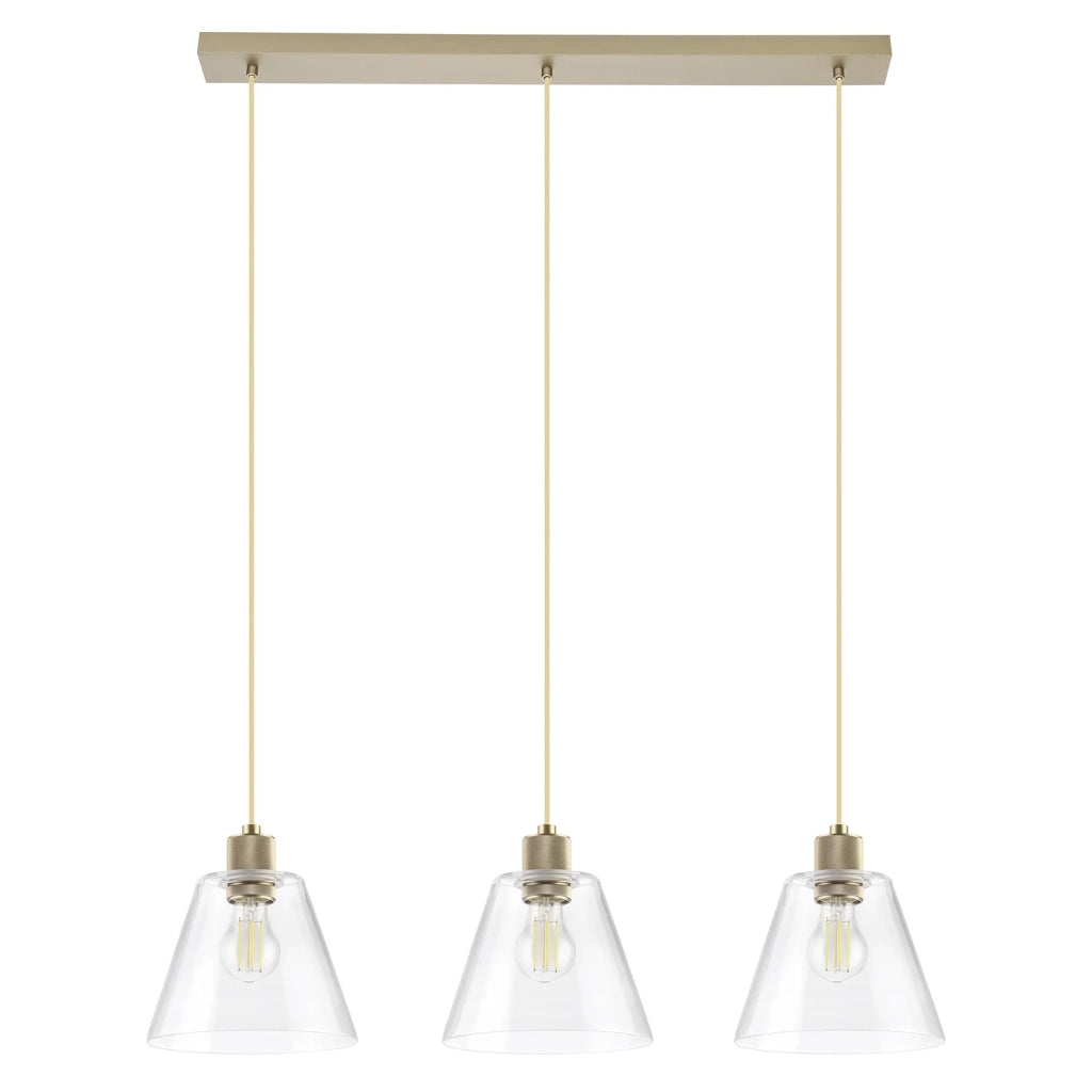 Lampadario A Sospensione Vintage Copley Acciaio Oro Vetro 3 Luci E27