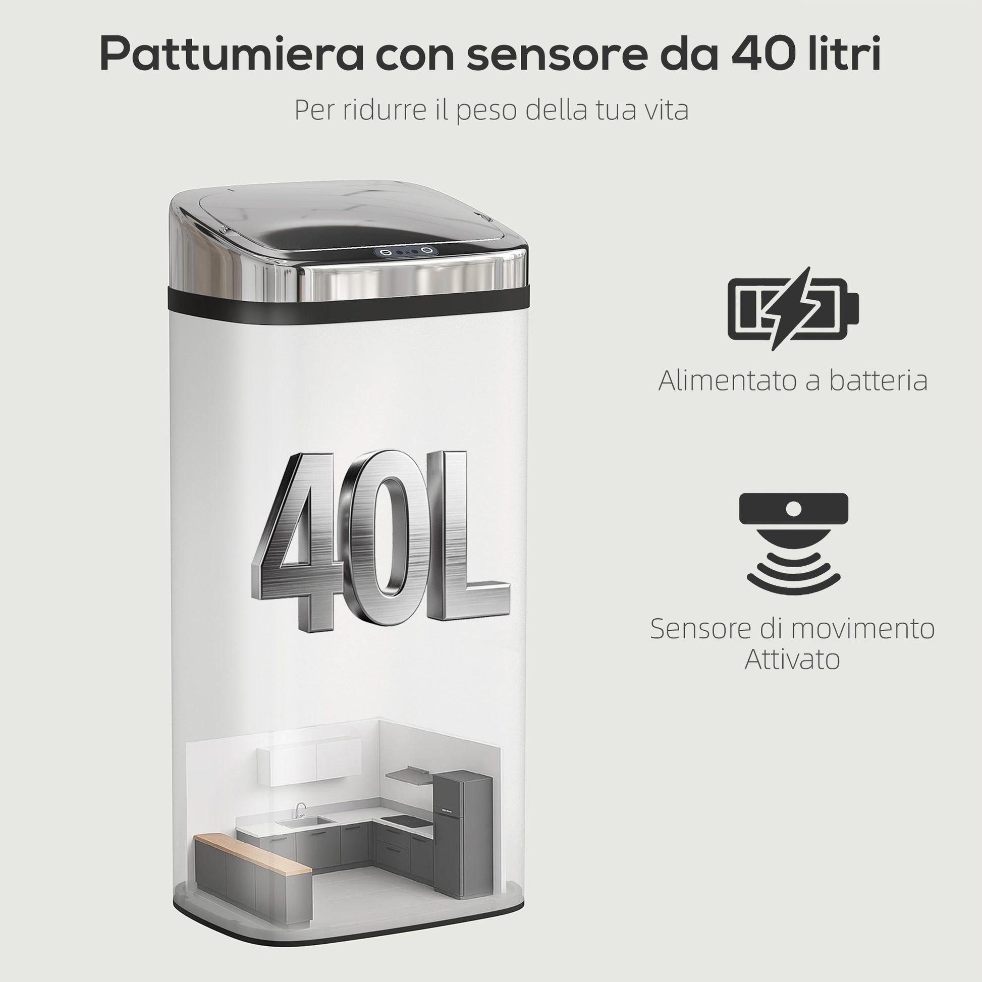 Bidone per Rifiuti da 40L con Sensore per Apertura e Chiusura Automatica 33x25x70 cm in ABS e Acciaio Inox Argento