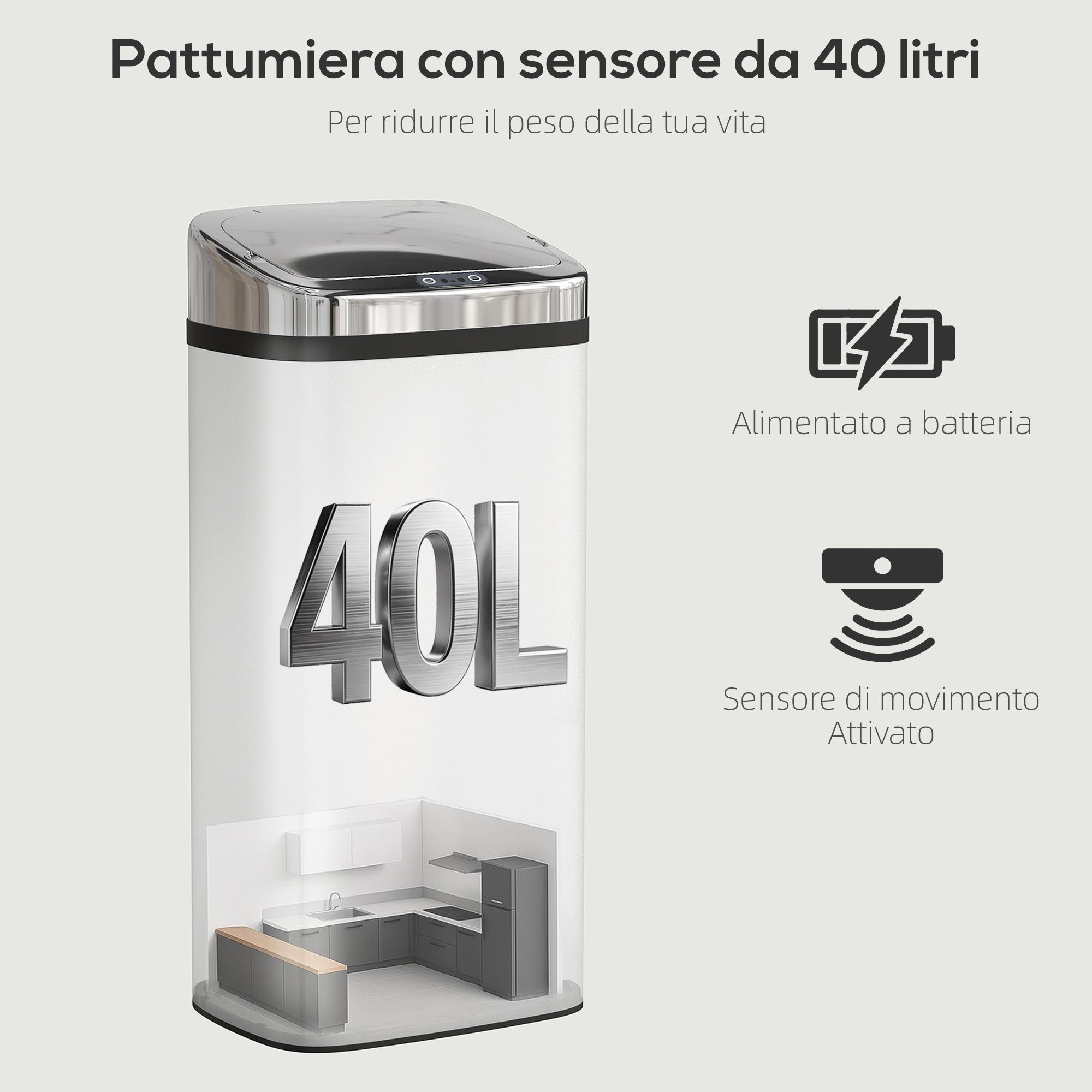 Bidone per Rifiuti da 40L con Sensore per Apertura e Chiusura Automatica 33x25x70 cm in ABS e Acciaio Inox Argento