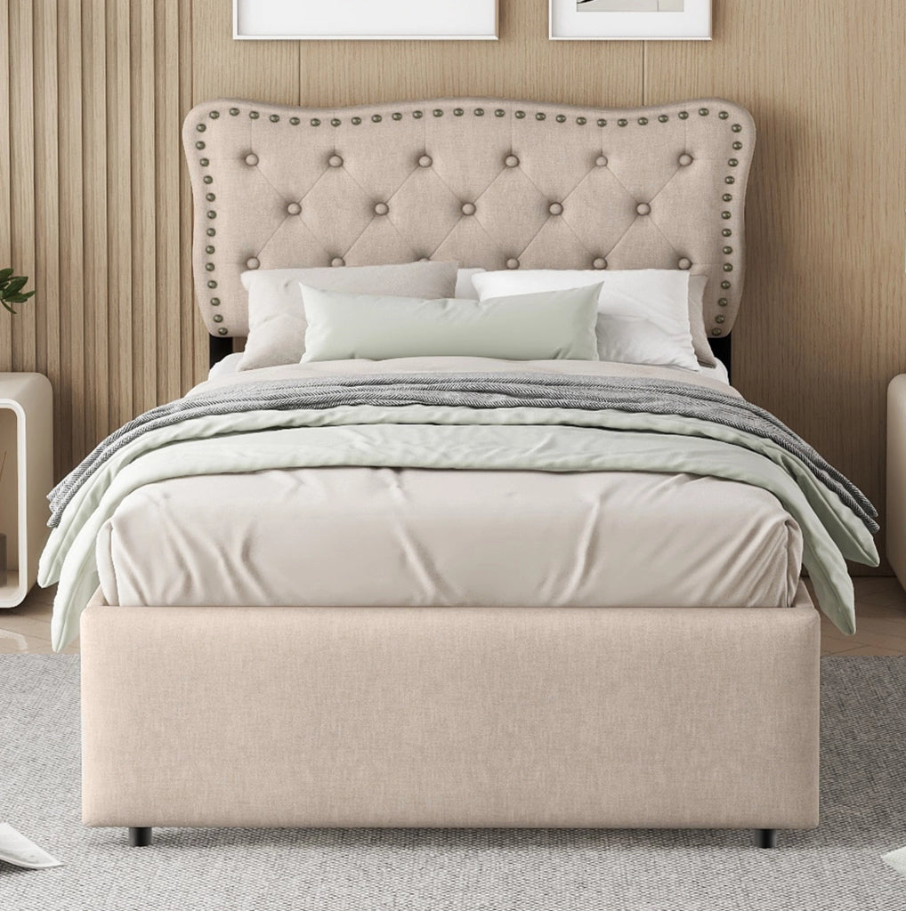 Letto imbottito 90x200 cm; testiera regolabile e 2 cassetti; MDF e lino; beige marrone
