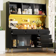 OKWISH Madia Alta con 2 Ante Scorrevoli, 1 Cassetto e LED con Controllo tramite App, per Cucina, MDF e Vetro, Nero, 145×39×171 cm
