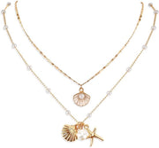 Collana a conchiglie 2 pezzi - Cintura multi-strato regolabile - Finestra messing lucido - Accessori estivi - Collane da spiaggia carine - 50+5cm