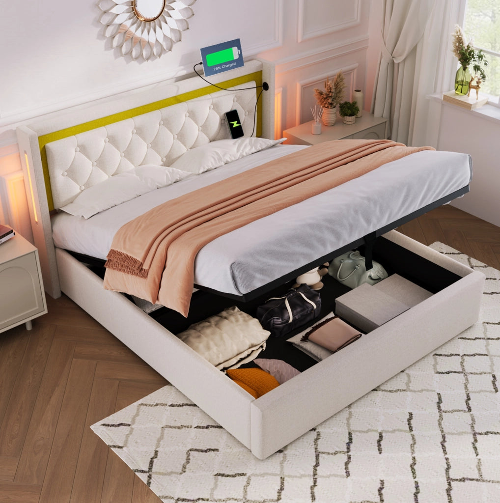 Letto contenitore LED 140x200 con materasso e ricarica USB-C