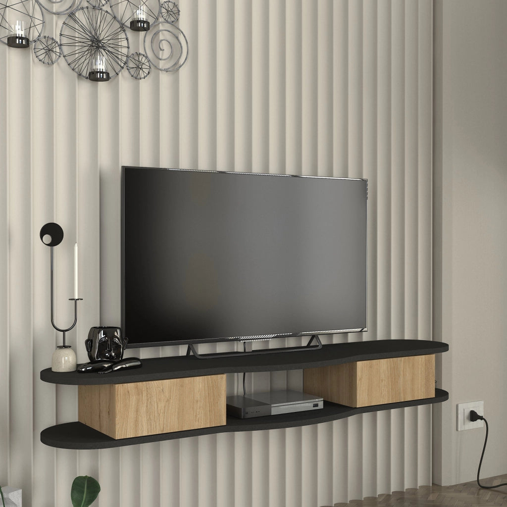 Mobile Porta TV Nyskiri da Parete con Ante a Ribalta 150x35x19 cm - Antracite/Effetto Rovere [en.casa]