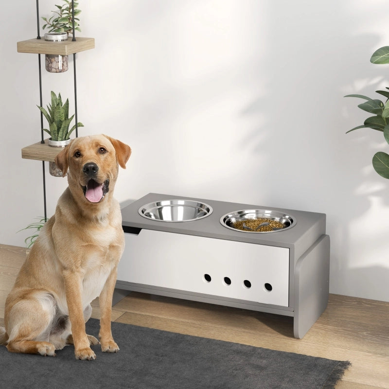 Stazione rialzata per cani con vano contenitore, 2 ciotole in acciaio inox da 2000 ml, grigio