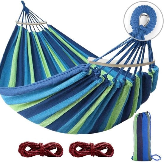Hangmat da Esterno - 250 kg Capacità di Sostegno - Tessuto Ruvido con Barra di Equilibrio Anti-Roll - Incluso Cavo di Sospensione Resistente per Giardino, Terrazza e Campeggio - Blu-Verde