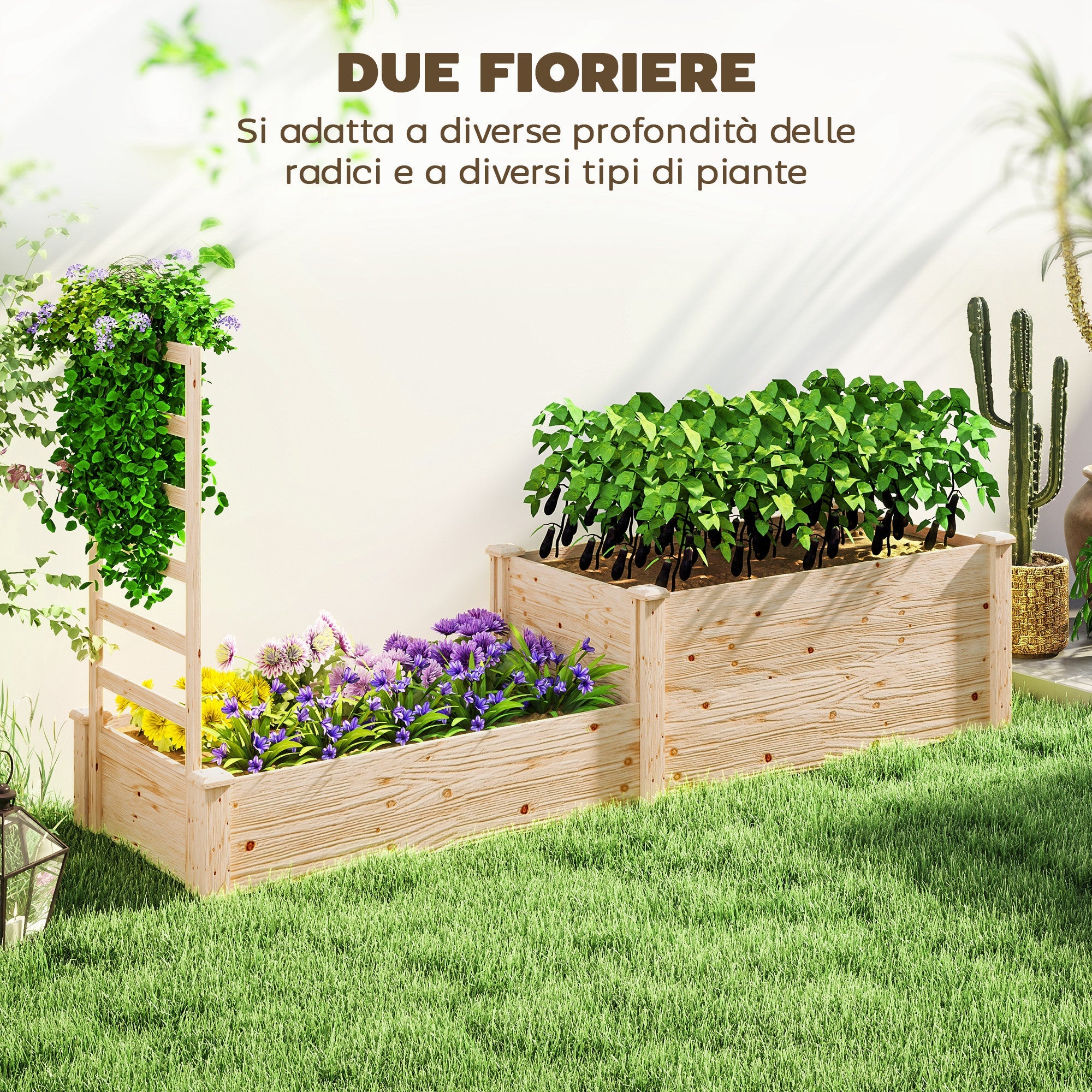 Fioriera Rialzata con Grigliato per Rampicanti e Divisorio 222x63x132 cm in Legno di Abete