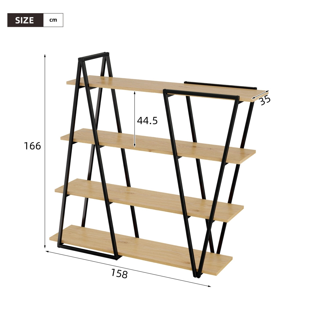 Libreria a giorno geometrica 158x35x166 cm; metallo nero e MDF effetto quercia