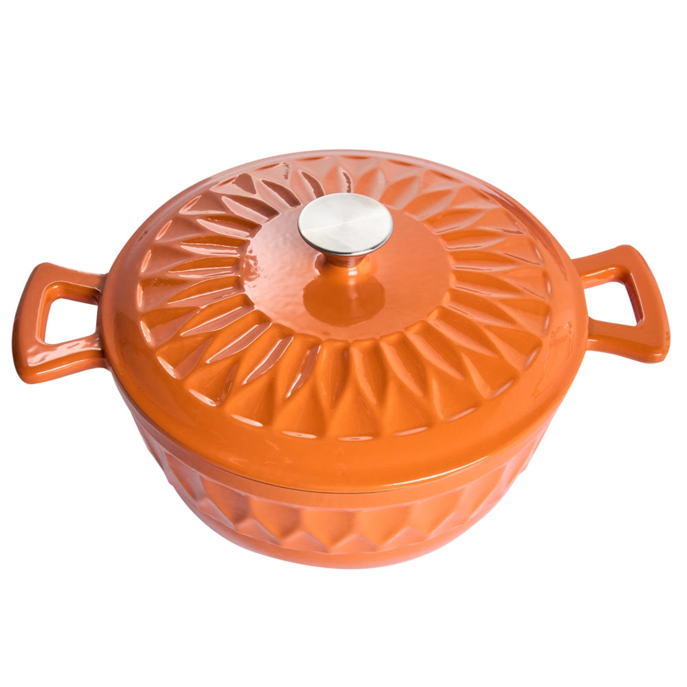 Casseruola in ghisa smaltata arancione con coperchio e manico in acciaio inossidabile adatta al forno e compatibile con tutti i tipi di piano cottura