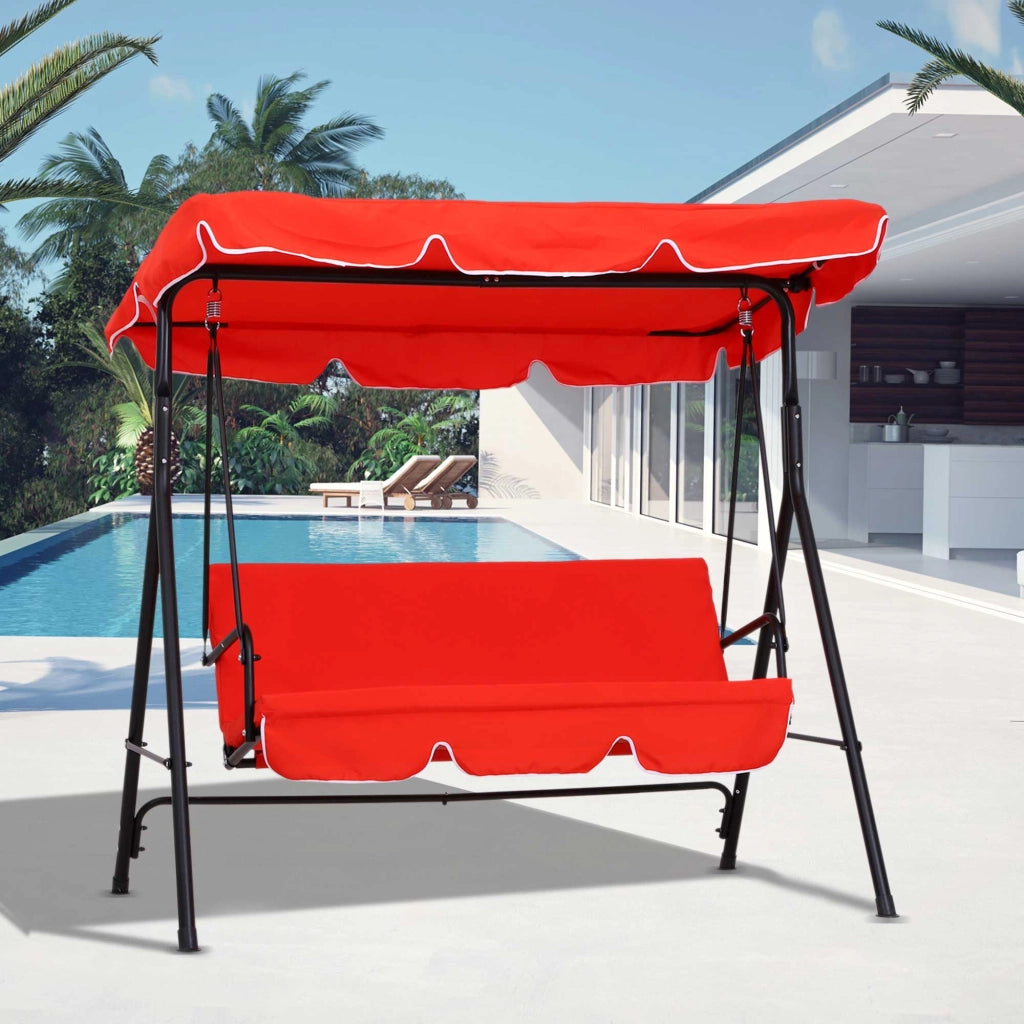 Balancelle 3 Posti con Cuscini ¨C zephmum ¨C Acero Nero, Poliestere Rosso, 172x110x152 cm