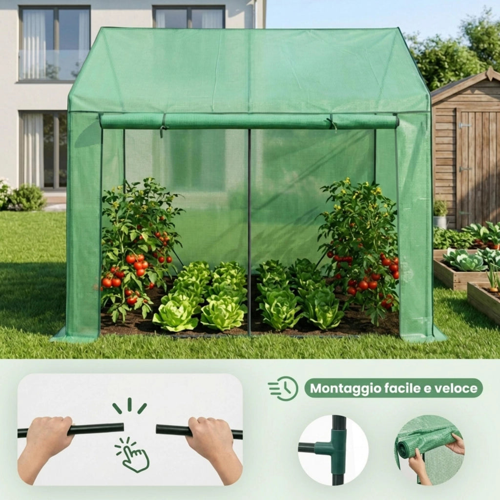 Serra da giardino a casetta con struttura in metallo e telo in PE 1 porta 2 finestre Verde 200x140x200 cm