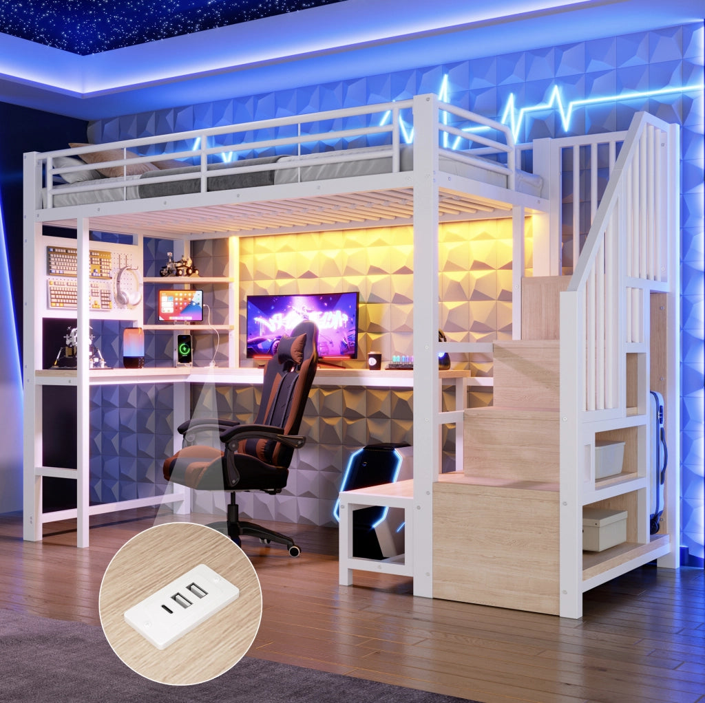 Letto a soppalco 90 x 200 cm con scrivania, LED, USB e USB-C bianco