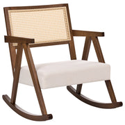 Poltrona a dondolo imbottita con schienale Vienna stile scandinavo struttura in legno di gomma tessuto marrone e beige chiaro
