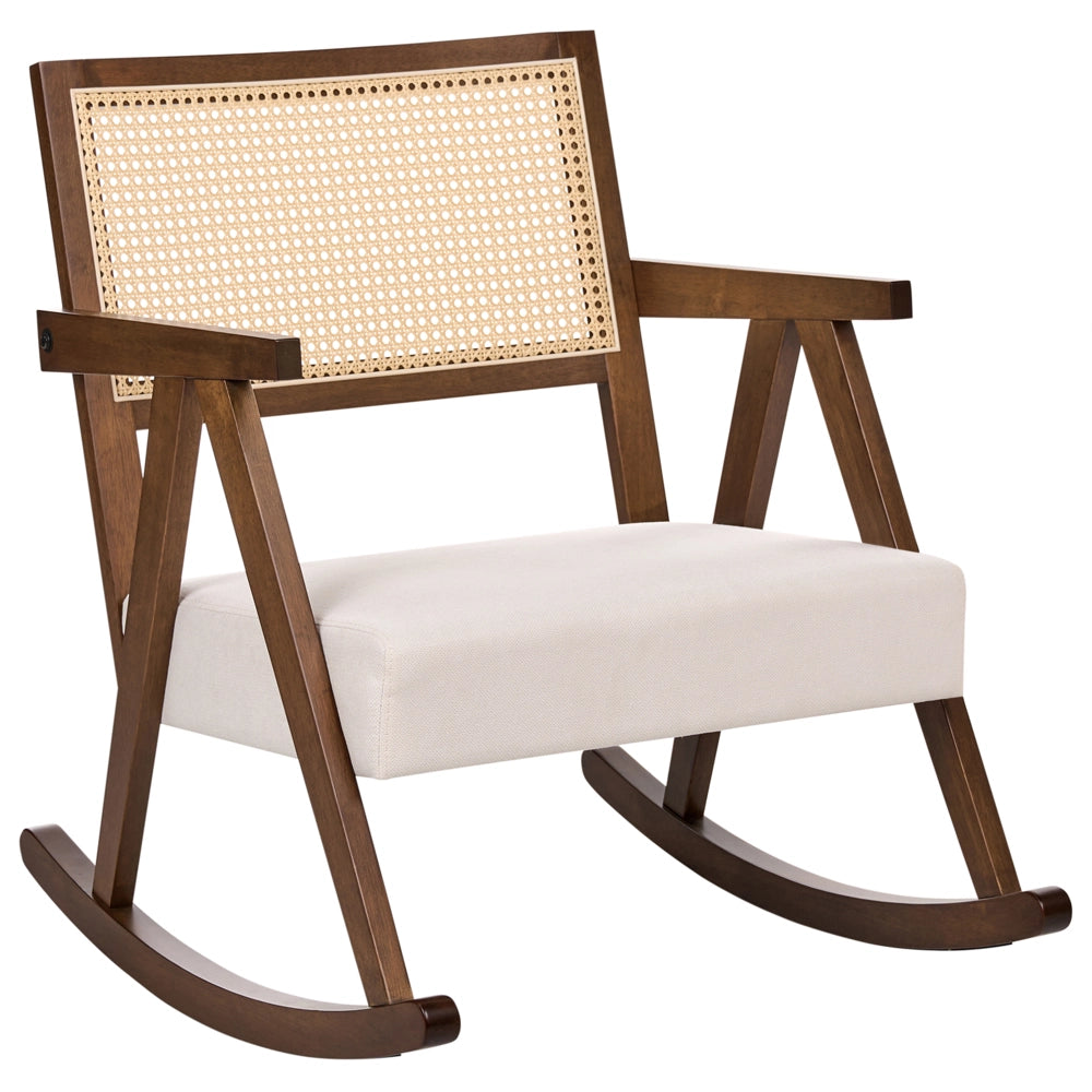 Poltrona a dondolo imbottita con schienale Vienna stile scandinavo struttura in legno di gomma tessuto marrone e beige chiaro