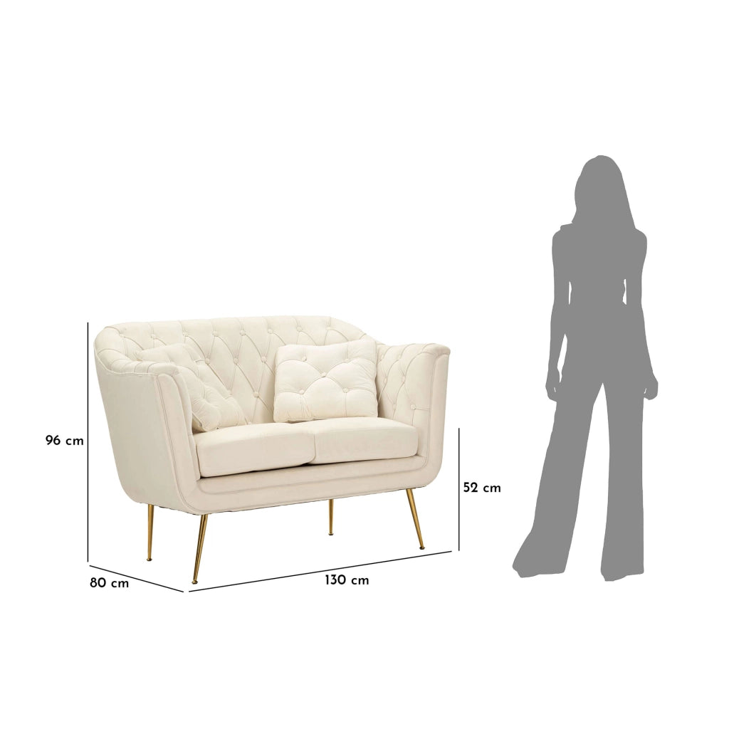 Diskit, Divano Fisso 2 Posti Effetto Velluto Trapuntato, 130x83x91h cm Bianco Crema