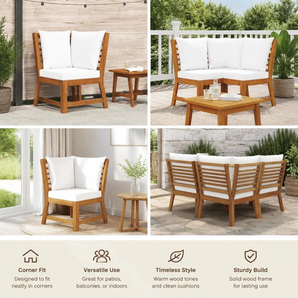 Modular Corner Sofa With Cream-white Cushions, Solid Acacia Wood