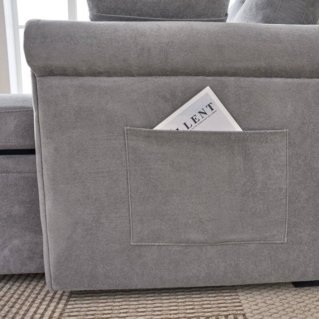 Divano letto angolare 4-5 posti con contenitore e tasca laterale in chenille grigio