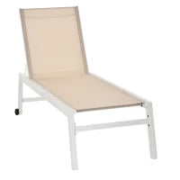 Lettino Prendisole con Schienale Reclinabile, in Alluminio e Textilene, 169x65x102 cm, Beige e Bianco