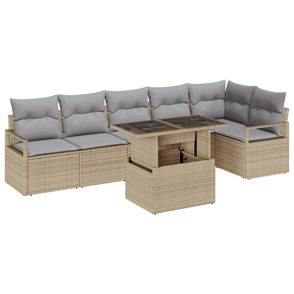 Set Divano da Giardino  7 Pezzi con Cuscini Beige Polirattan