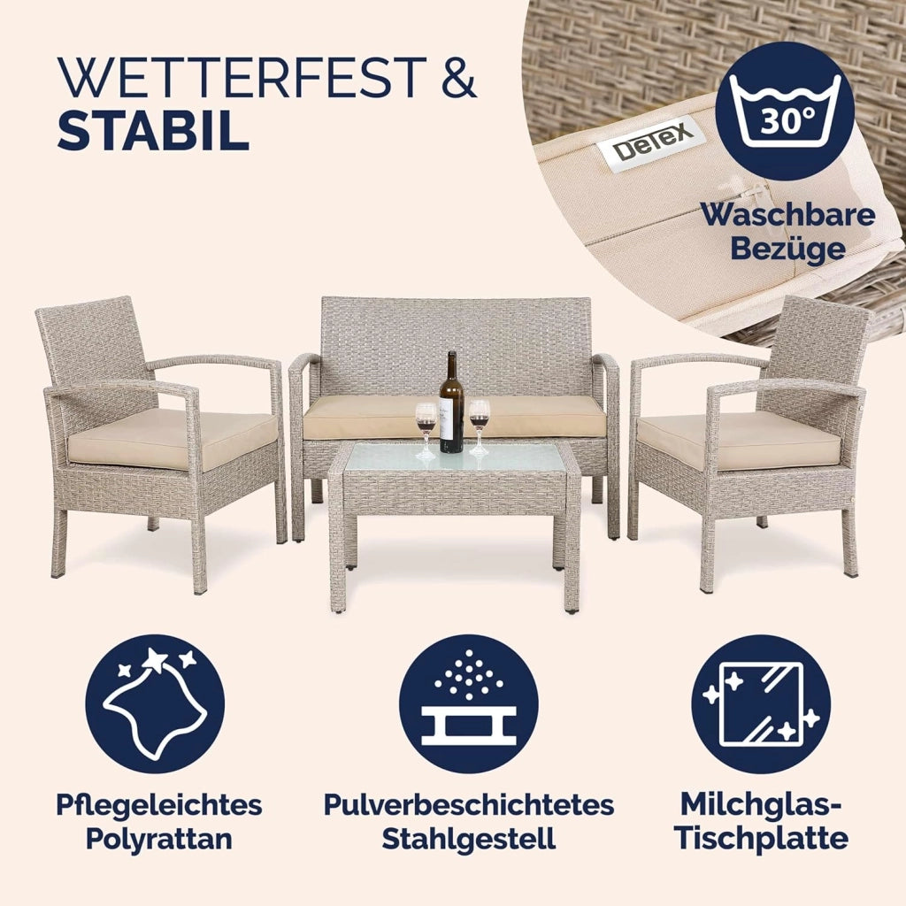 ® Lounge Tavolo da Giardino Set Polyrattan Mobili da Esterno 4 Persone Incl. Cuscini Gruppo di Seduta Terrazza Balcone Salottino Outdoor