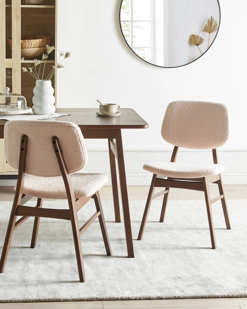 Set di 2 sedie da pranzo in tessuto beige e legno scuro stile retrò senza braccioli