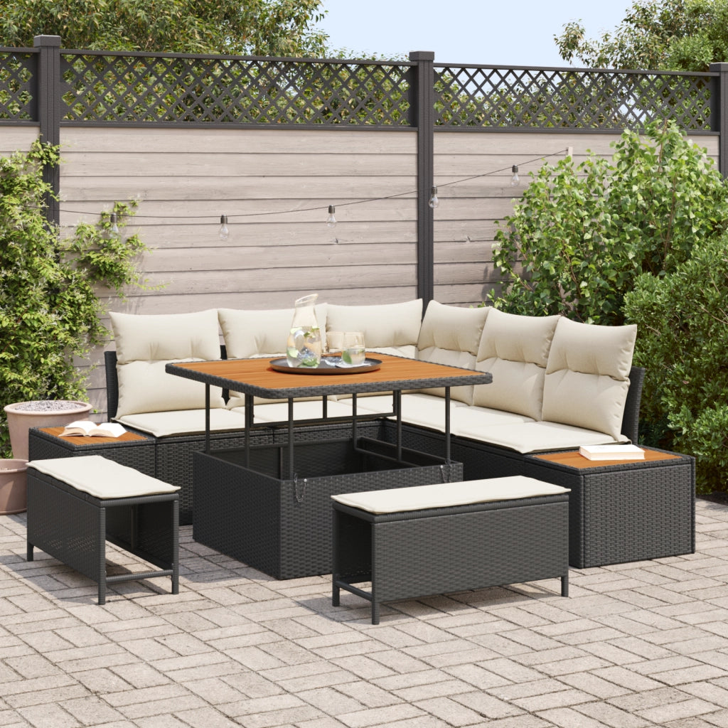 Set di divani da giardino da 8 pezzi con cuscini in rattan poliestere nero e acacia