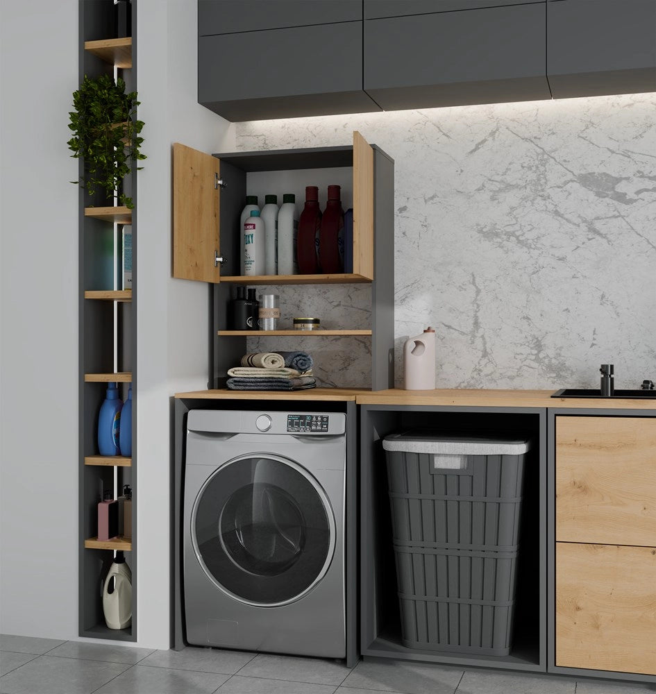 Mobile bagno POLA multi sopra lavatrice colonna scaffale antracite rovere artisan