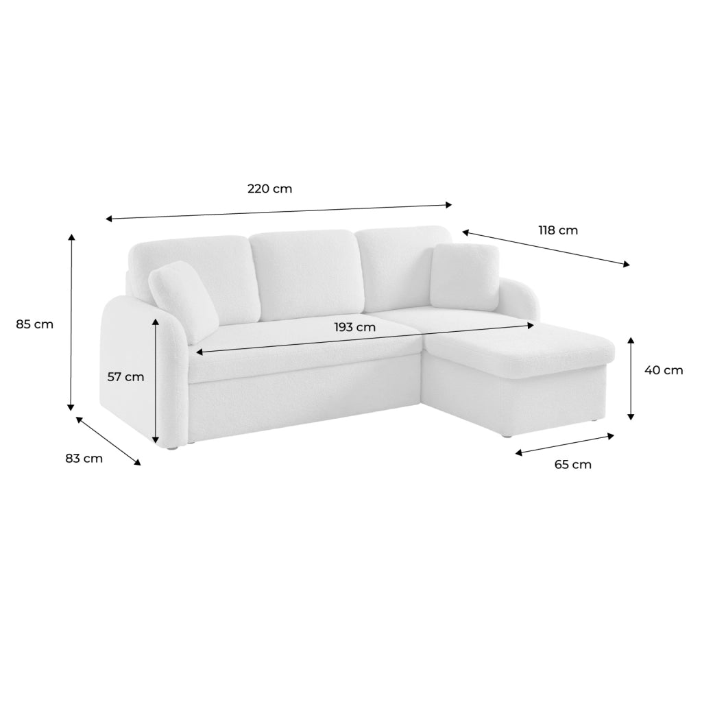 Divano letto angolare reversibile in bouclé con contenitore, 3 posti,