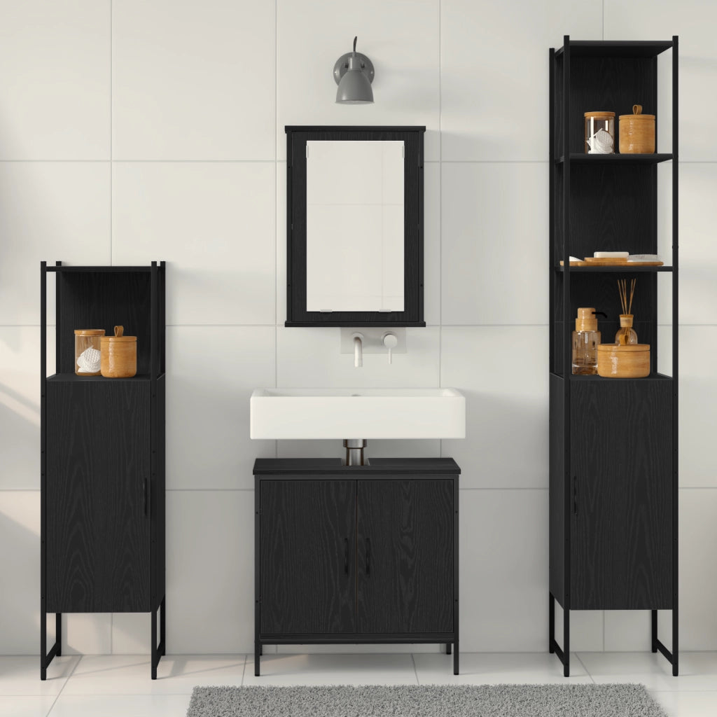 Set Mobili da Bagno 4 Pezzi Rovere Nero Legno Ingegnerizzato