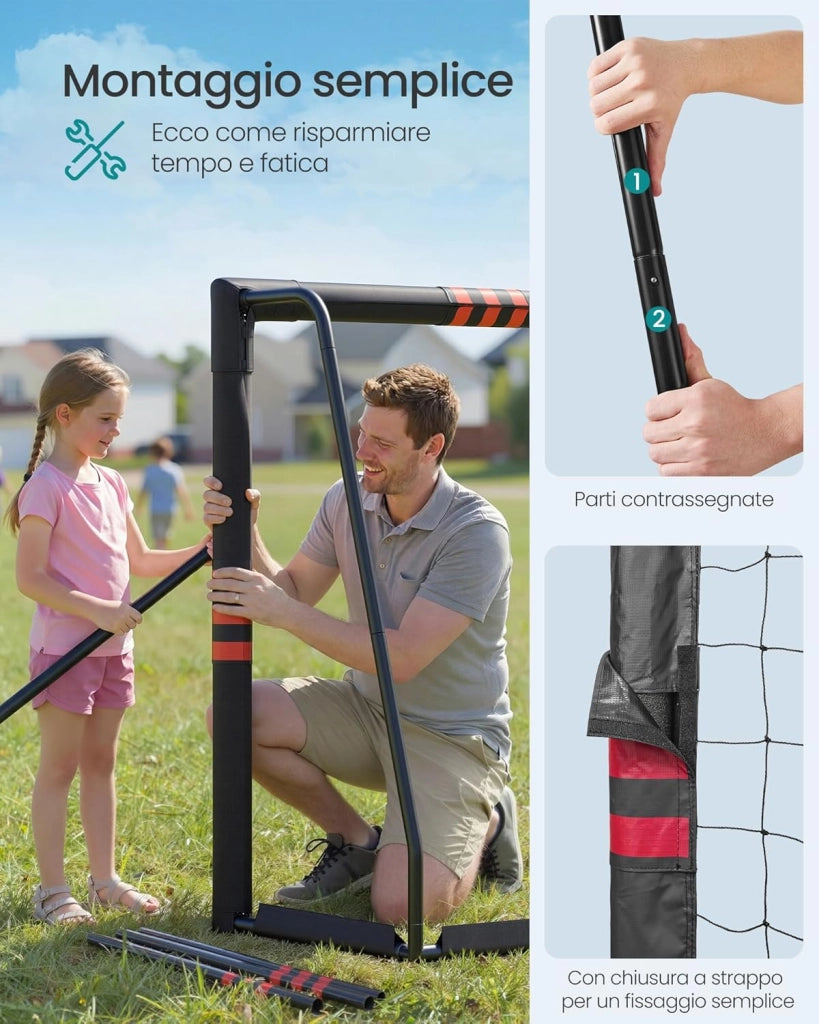 SONGMICS Porta da Calcio, per Tutte le Età, in Acciaio, Rete in PE, per Esterni, Giardino, Spiaggia, 85 x 240 x 160 cm, Rivestita in Gommapiuma, Nero SZQ240RZ02