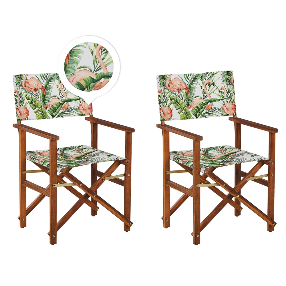 Set di 2 sedie da regista da giardino in marrone scuro d'acacia con tessuto di ricambio in tessuto acacia fenicottero bianco sporco