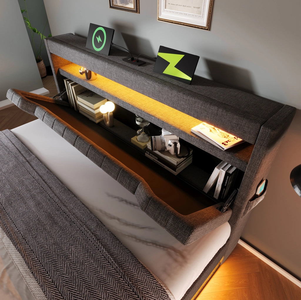 Letto matrimoniale imbottito 140x200 con contenitore; testiera USB e Type-C; LED; lino grigio