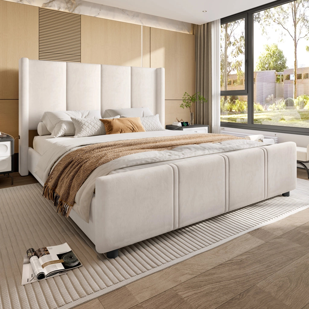 LETTO imbottito 140x200 cm velluto beige con USB