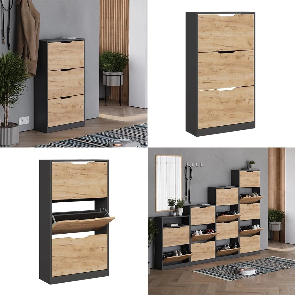 Scarpiera Luca, Antracite/quercia dorata, 59 x 105 cm con 3 scomparti