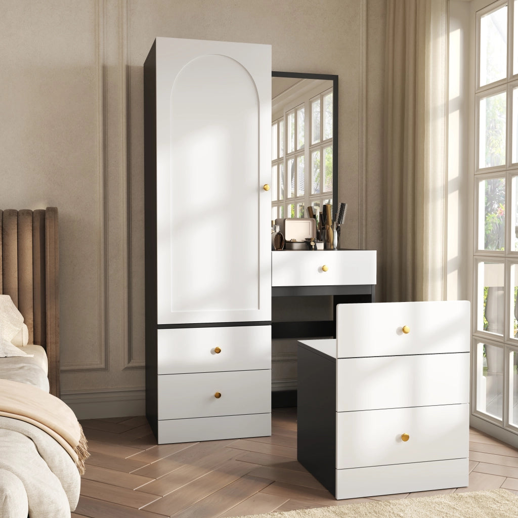 Toeletta con armadio laterale; specchio a figura intera; cassetto compartimentato e sgabello estraibile per camera; 90 × 50;5 × 160 cm